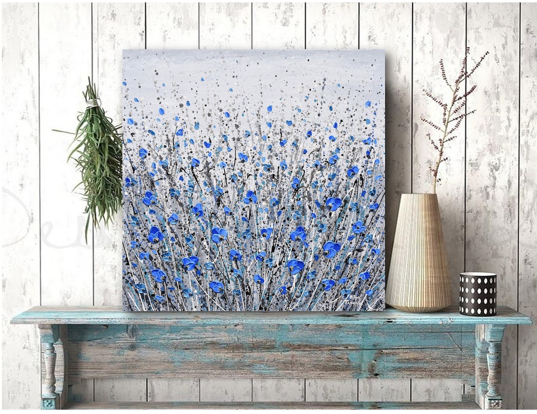 Blue Wildflower Floral Art Print Canvas: Gray Abstract Wall Decor - Etsy