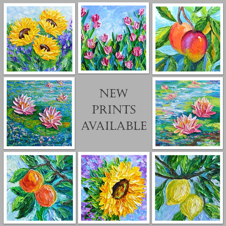 K&ouml;nnte beinhalten: Eine Sammlung von neun quadratischen Kunstdrucken mit lebendigen &Ouml;lgem&auml;lden. Die Kunstwerke zeigen Sonnenblumen, Tulpen, Seerosen, Pfirsiche und Zitronen. Der Text "NEW PRINTS AVAILABLE" ist in der Mitte des Bildes zu sehen.