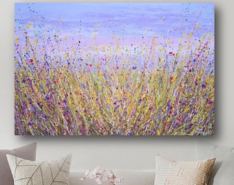 Målning av lila vildblommor på duk, original abstrakt lavendelfältlandskapskonst, 24x36