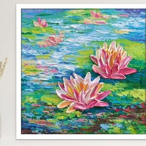 Colorful Floral Print, Waterlilies Wall Art Giclée Print, Textured Flowers Painting by Olga Tkachyk