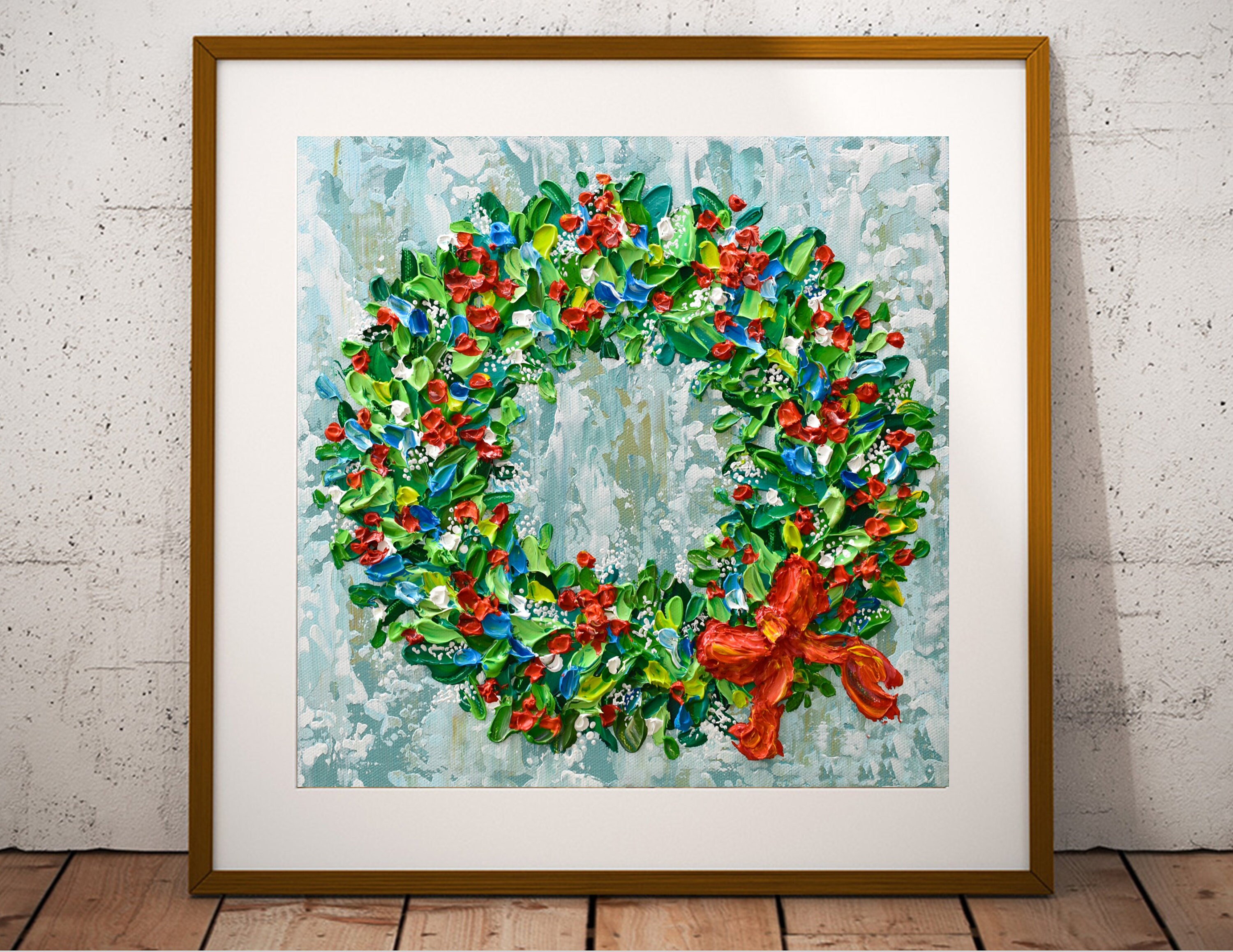 Christmas Wreath Giclee Print: Red Green Holiday Painting on