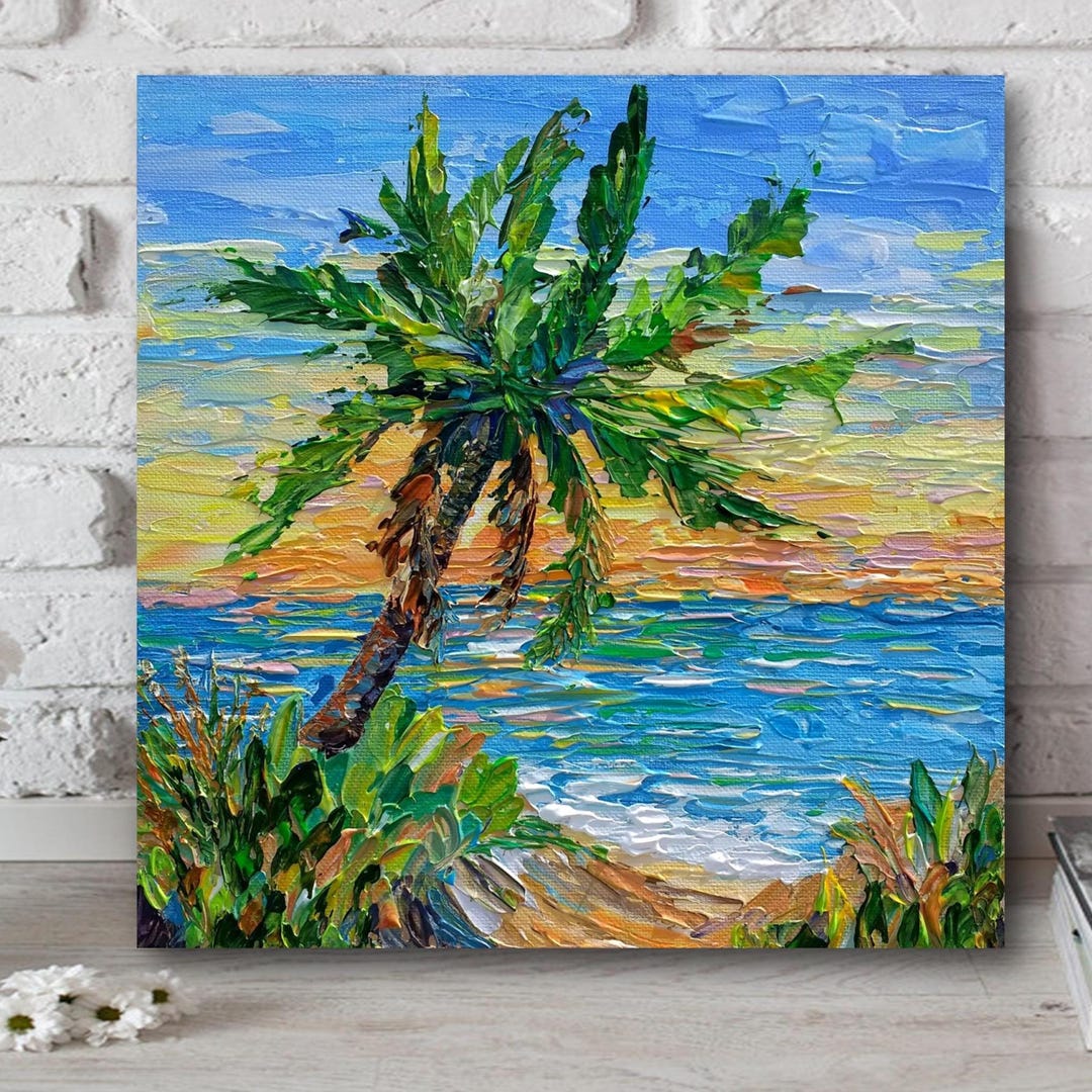 Palm Tree Beach Painting, Colorful Tropical Seascape Canvas Art Print ...