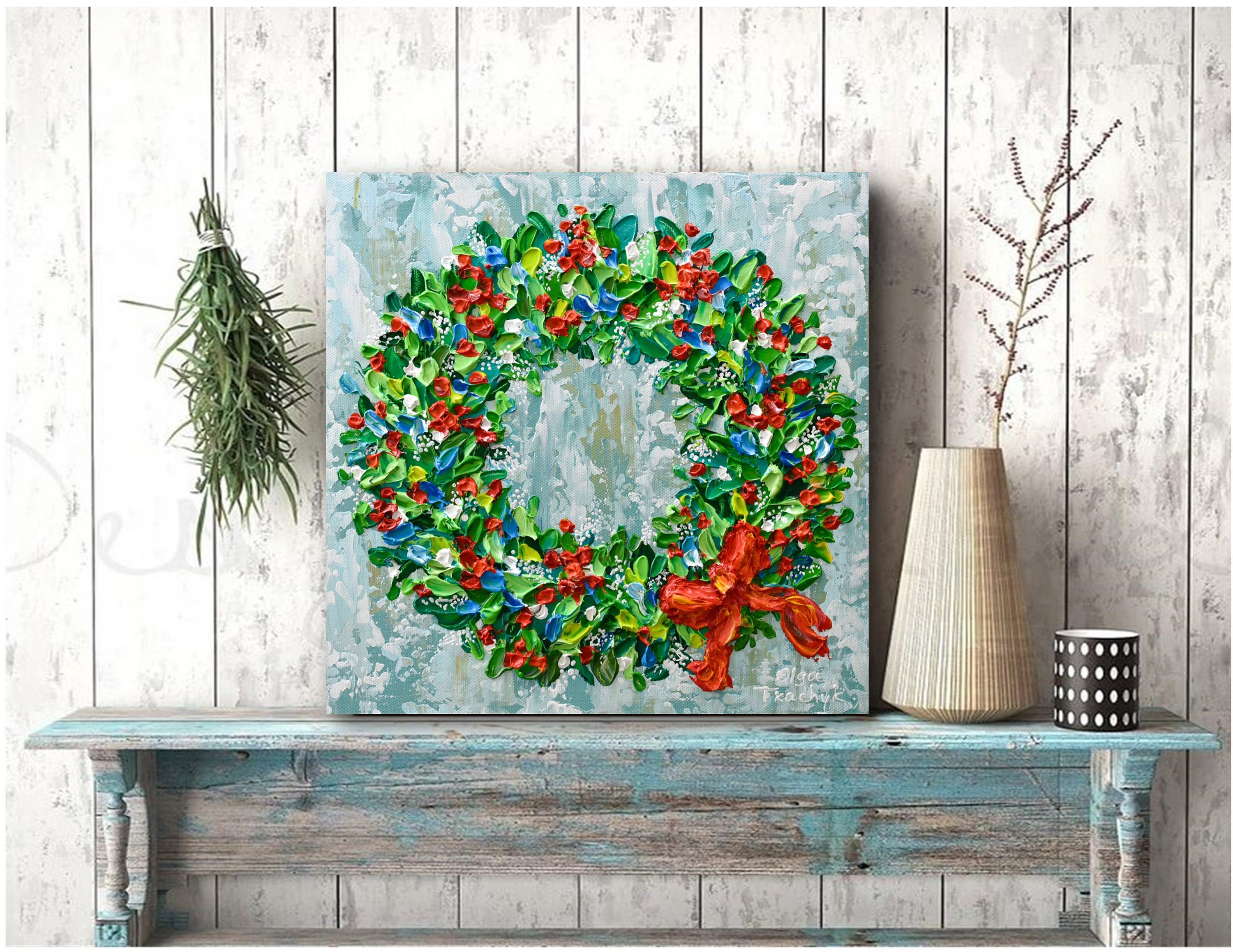 Christmas Wreath Giclee Print: Red Green Holiday Painting on