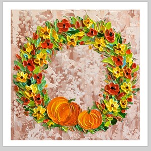 May include: A fall-themed wreath with orange pumpkins and yellow and red flowers. The wreath is painted in a textured style, giving it a 3D effect.