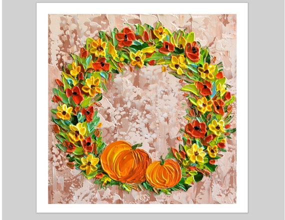 Fall Floral Pumpkin Wreath Art Print: Autumn Wall Decor