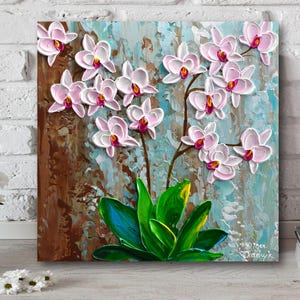 Pink Orchid Giclee PRINT Canvas, Botanical Knife Painting, Abstract Floral Wall Art
