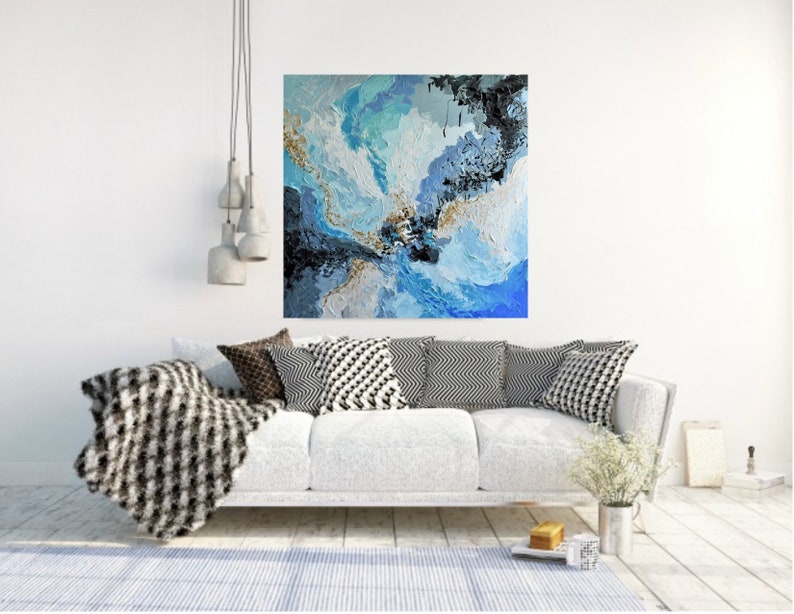 Blue Gold Abstract Painting on Canvas 36 Textured Modern Etsy