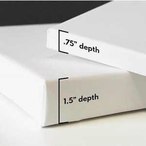 May include: Two white canvas art panels, one stacked on top of the other. The top panel has a depth of 1.9 cm, while the bottom panel has a depth of 3.8 cm. The canvas is stretched over a wooden frame.
