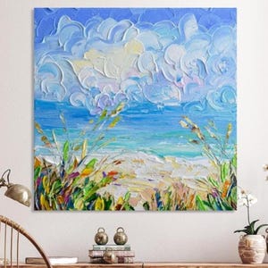 Beach Print, Blue Teal Water Seascape, Coastal Wall Art Décor, Impressionism Knife Painting