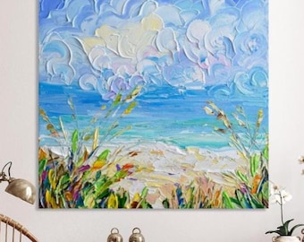 Beach Print, Blue Teal Water Seascape, Coastal Wall Art Décor, Impressionism Knife Painting