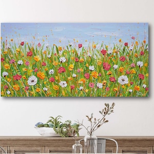 Original Flower Field Painting, Red, Yellow, White Wildflower Meadow Canvas Art, Colorful Landscape, 24x36