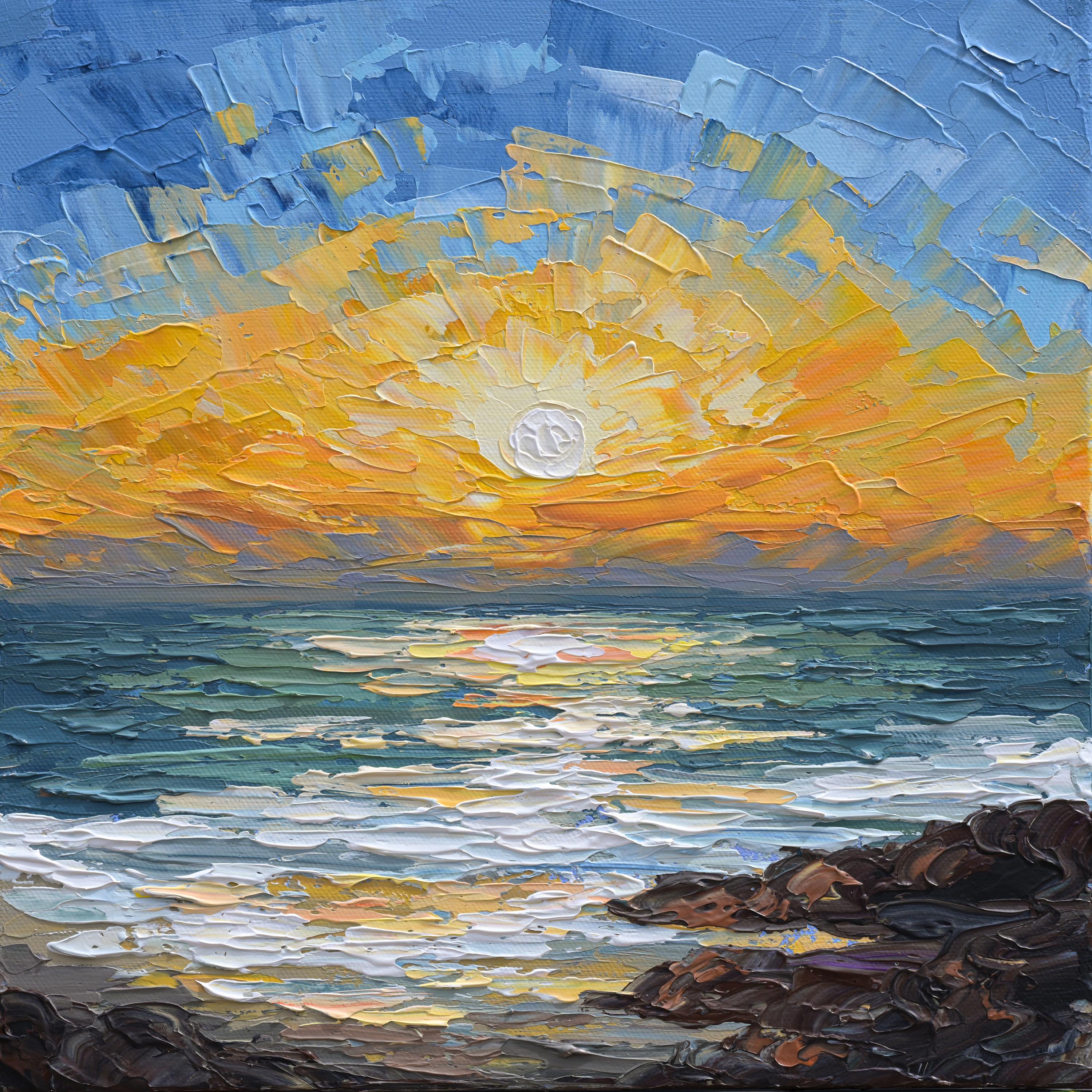 夕焼けの絵画 オリジナル、インパストパレットナイフ 海景アートワーク