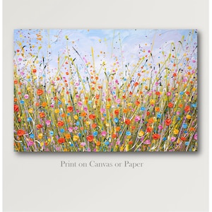 Colorful Flowers Field PRINT Canvas, Abstract Wildflower Meadow Painting, Large Wall Art Decor