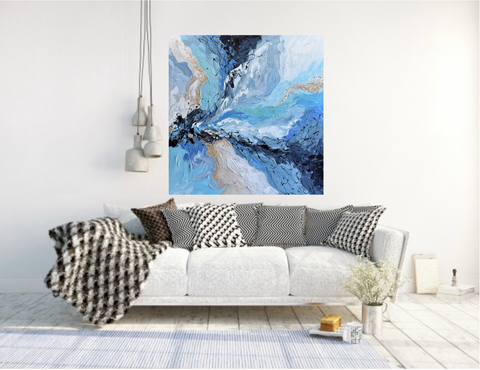 Large Blue Wall Art Canvas 36 Abstract Acrylic Painting Etsy