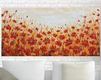 Red Poppy Impasto Painting: Original Large Abstract Floral Landscape Art (24x48)