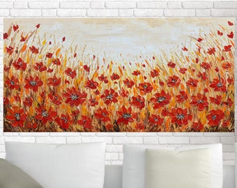 Red Poppy Impasto Flower Painting on Canvas, Original Large Abstract Palette Knife Floral Artwork, Textured Modern Flower Landscape Wall Art