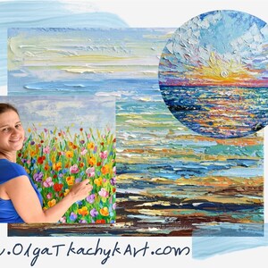 May include: An artist holding a colorful floral painting with a blue sky background. A circular painting of a sunset over the ocean is also shown. The website address www.OlgaTkachykArt.com is visible at the bottom of the image.