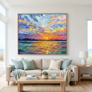 Ocean Sunset Painting Print on Canvas, Large Colorful Beach Impressionist Wall Art