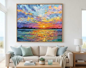 Ocean Sunset Painting Print on Canvas, Large Colorful Beach Impressionist Wall Art