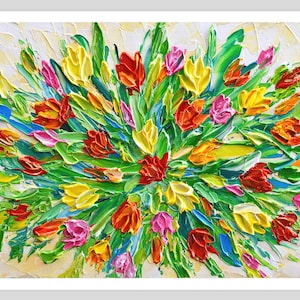 Colorful Tulips Print:  Palette Knife Floral Wall Art Canvas, Ready to Hang