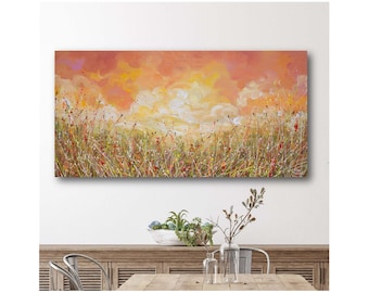Sunset Painting on Canvas, Original Abstract Flower Field Landscape, Large Wall Art