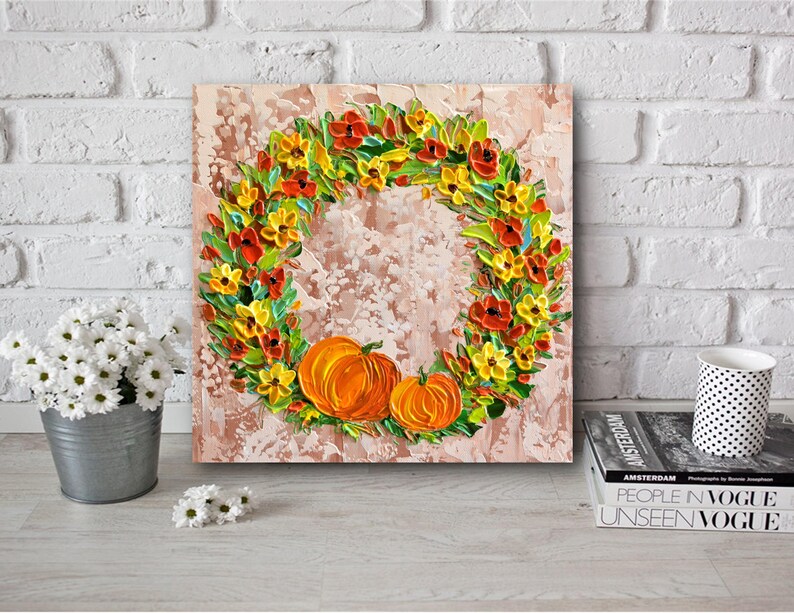 Fall Floral Pumpkin Wreath Art Print: Autumn Wall Decor image 1