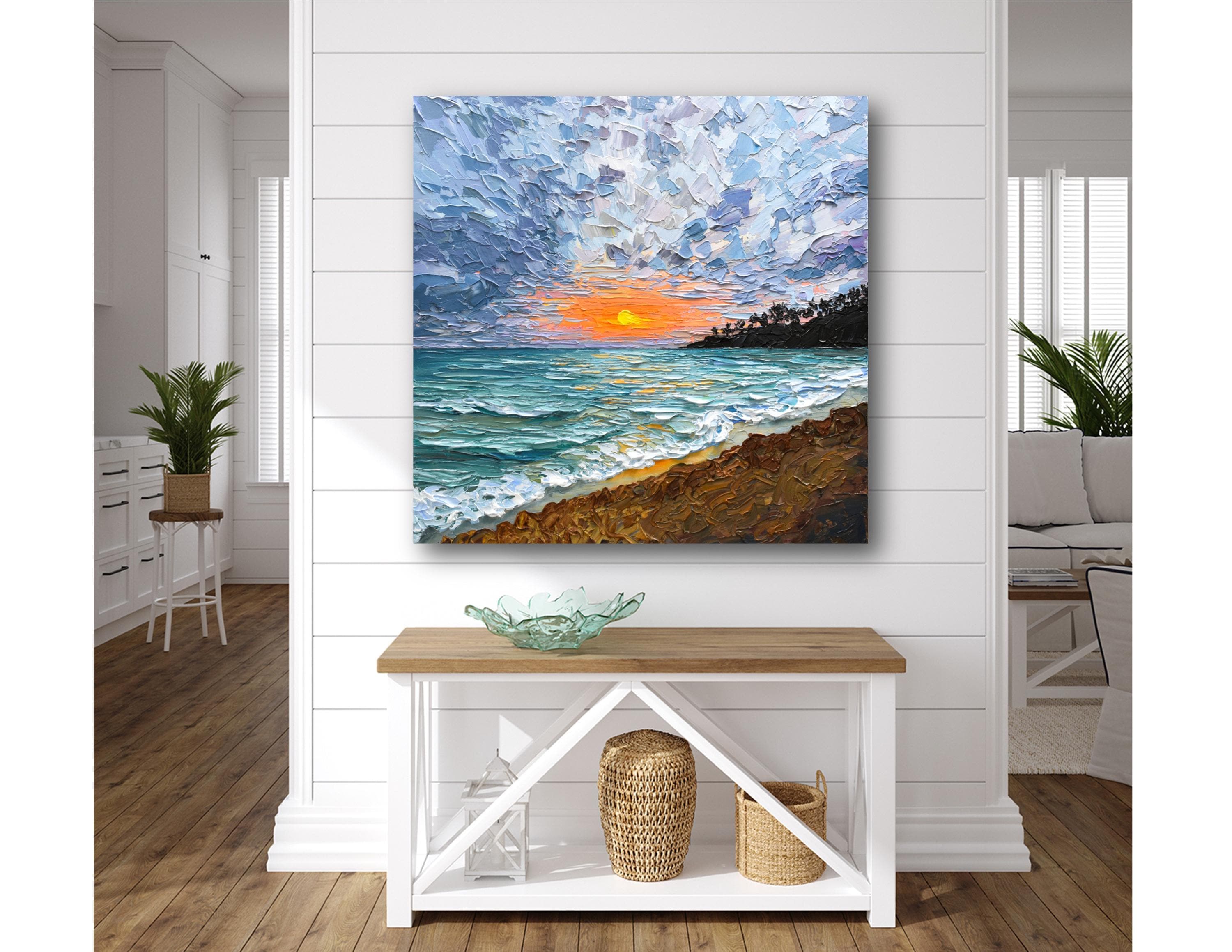 Beach Sunset Giclee Print: Teal Gray Seascape Impressionist Wall Art Canvas