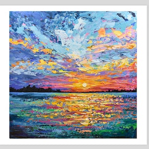 May include: Impasto oil painting of a sunset over water. The sky is a mix of blues, oranges, and pinks, with thick brushstrokes creating texture. The water reflects the sunset's colors, with a dark silhouette of land in the distance.