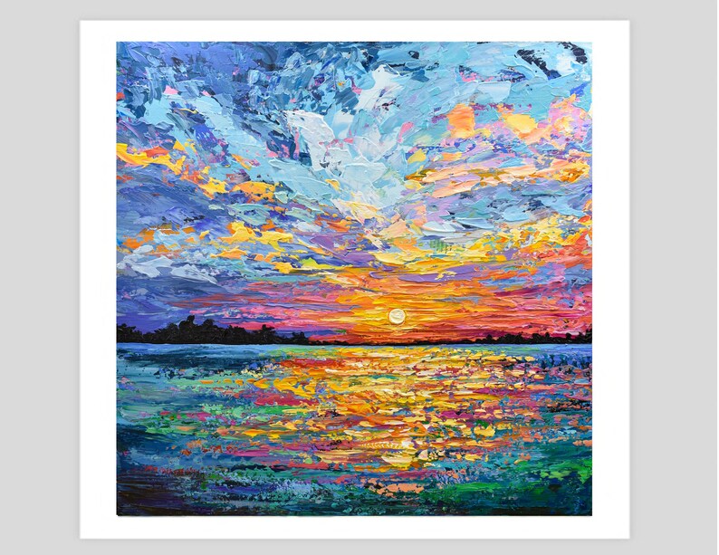 May include: Impasto oil painting of a sunset over water. The sky is a mix of blues, oranges, and pinks, with thick brushstrokes creating texture. The water reflects the sunset's colors, with a dark silhouette of land in the distance.