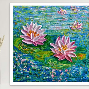 Wall Art Print, Pink Water Lilies Impressionist Floral Colorful Giclée Print, Gift for her