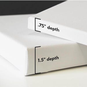 Puede incluir: Dos paneles de arte de lienzo blanco, uno apilado encima del otro. El panel superior tiene una profundidad de 1,9 cm, y el panel inferior tiene una profundidad de 3,8 cm. El lienzo est&aacute; estirado sobre un marco de madera.
