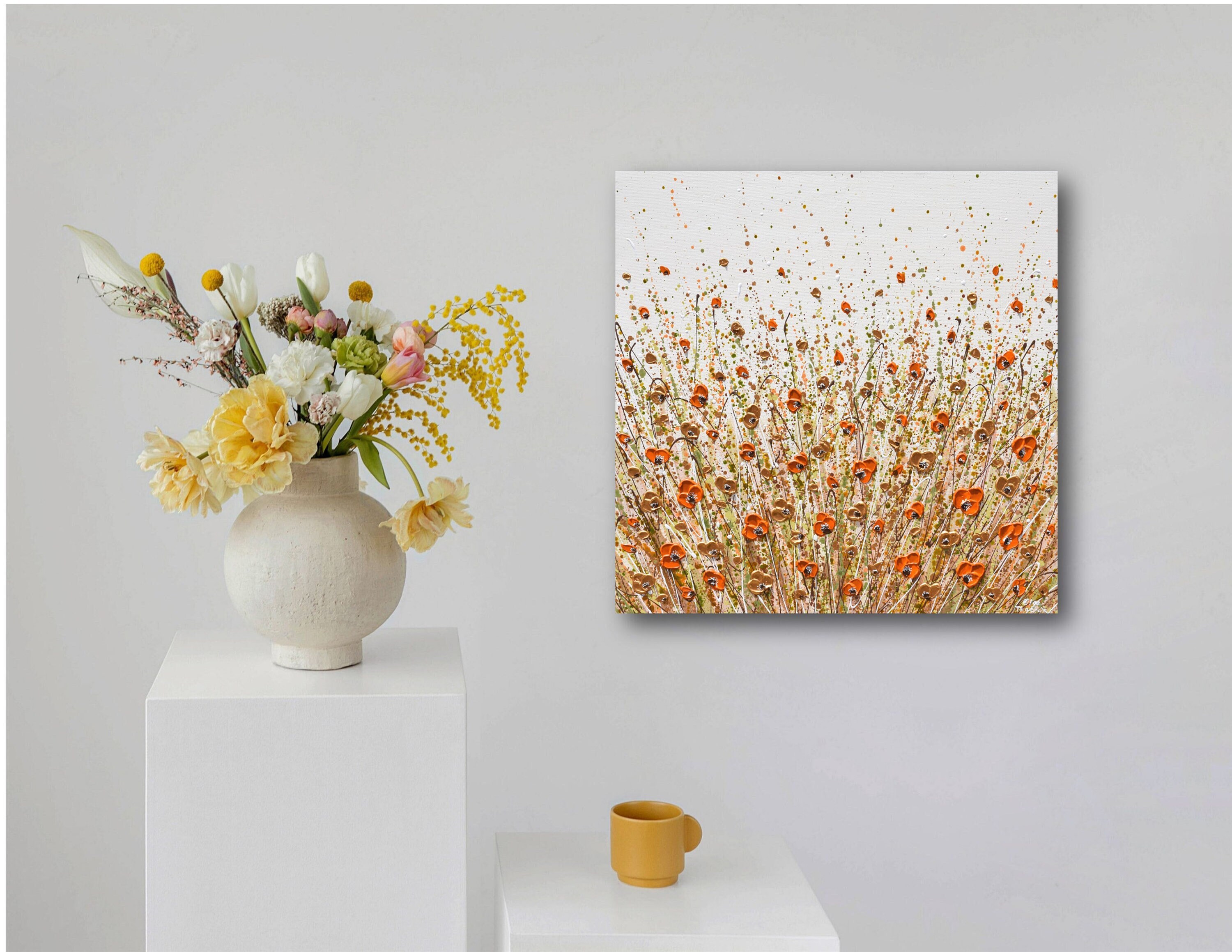 Orange Gold Flowers Painting on Canvas, Original Abstract Boho Style Wall Art, 24x24