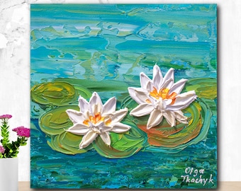 Waterlilies Artwork 8x8, Original Palette Knife Art, White Flower Textured Painting on Canvas, Gift