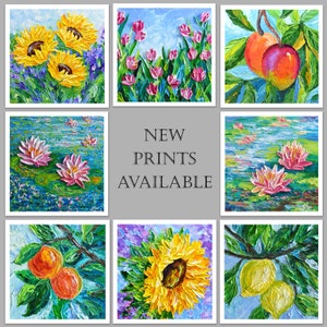 May include: A collage of nine paintings featuring various floral and fruit motifs. The paintings are in a vibrant, colorful style with thick brushstrokes. The text "NEW PRINTS AVAILABLE" is displayed in the center of the collage.