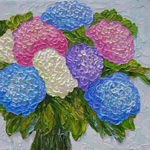 Hydrangeas Flower Painting 12&quot; Original Impasto Acrylic Palette Knife Art, Impressionist  Pink Blue Floral Artwork, Small Wall Art Canvas