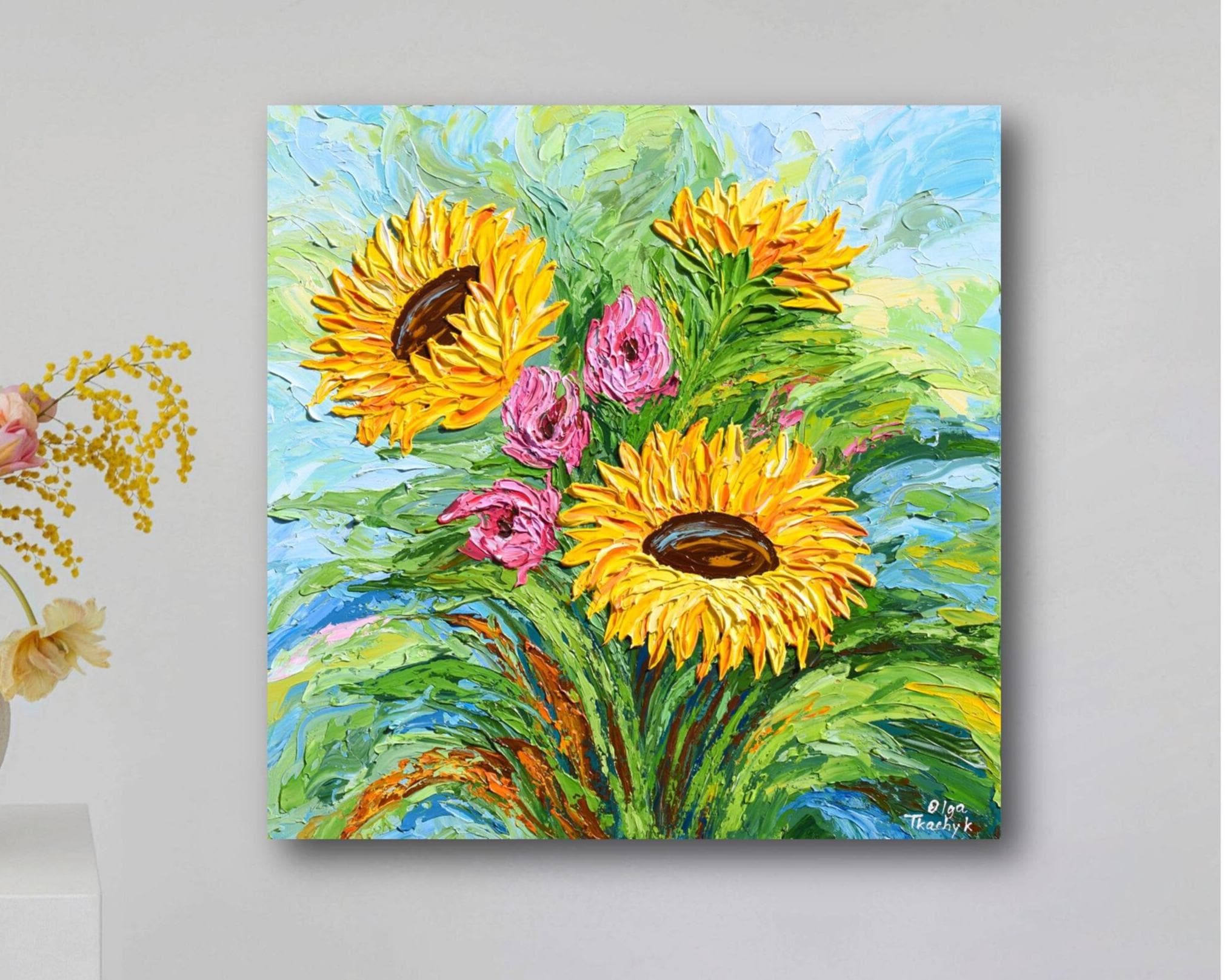 Sunflower Painting, Original Impasto Floral Artwork, Palette Knife Textured Fall Wall Art Canvas