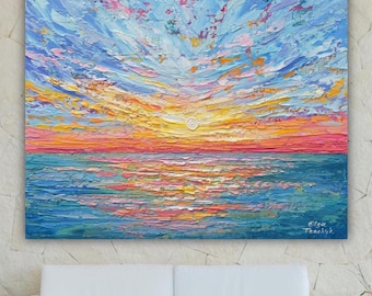 Ocean Sunrise Painting Print on Canvas or Paper, Colorful Seascape Wall Art