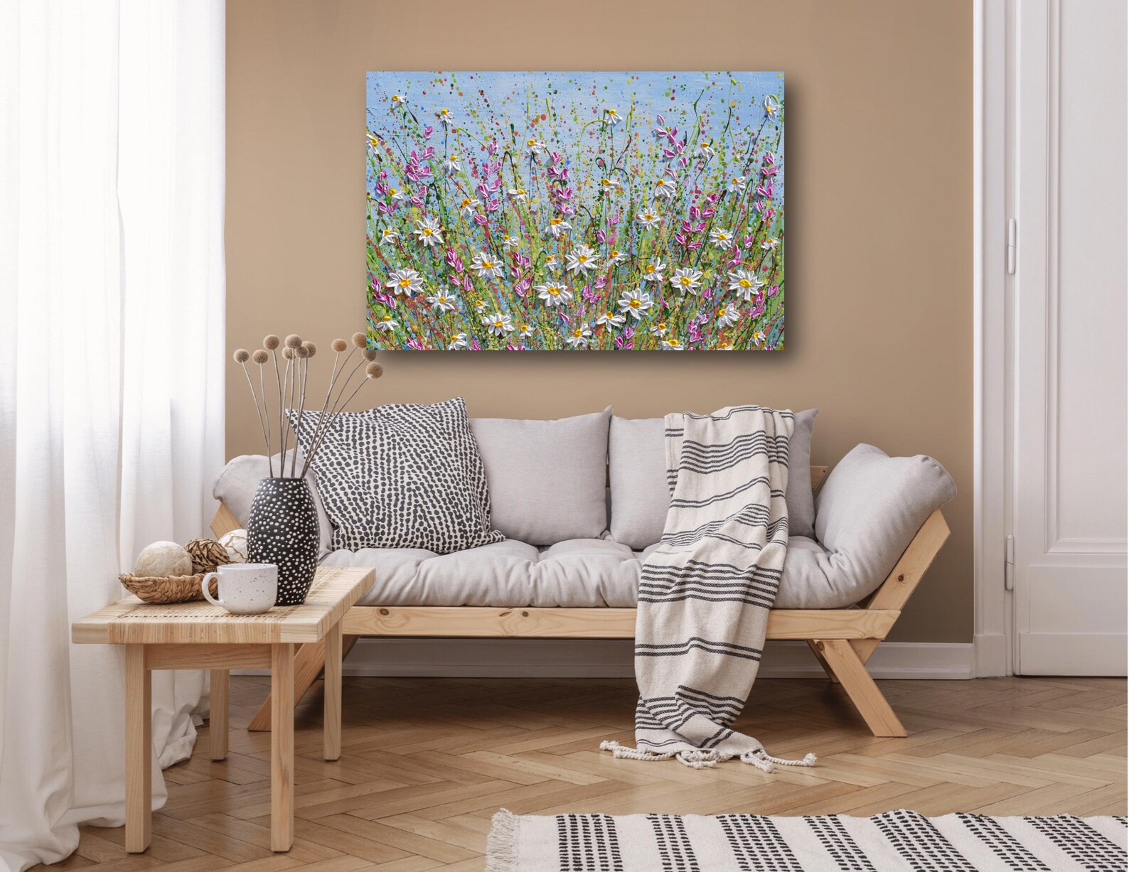 Daisy Field Canvas Wall Art, Pink Wildflower Meadow Painting Print ...