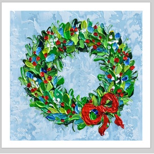 May include: A textured painting of a Christmas wreath. The wreath features green leaves, red berries, and blue accents, with a bright red bow. The background is a light blue, textured surface.
