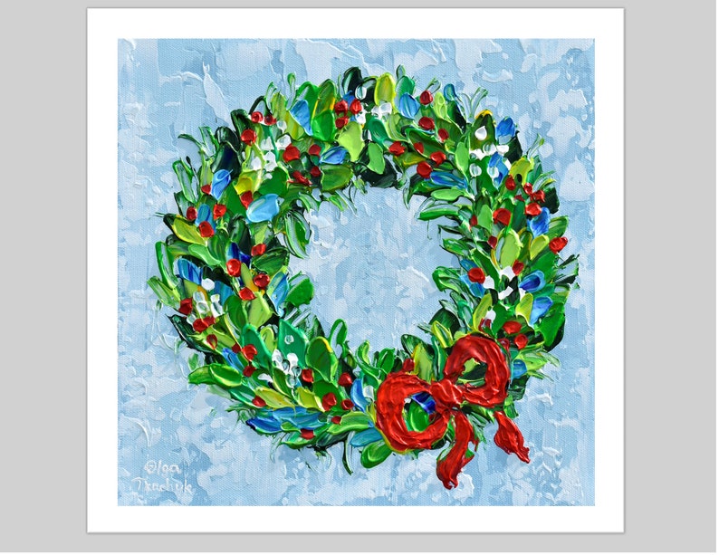 May include: A textured painting of a Christmas wreath. The wreath features green leaves, red berries, and blue accents, with a bright red bow. The background is a light blue, textured surface.