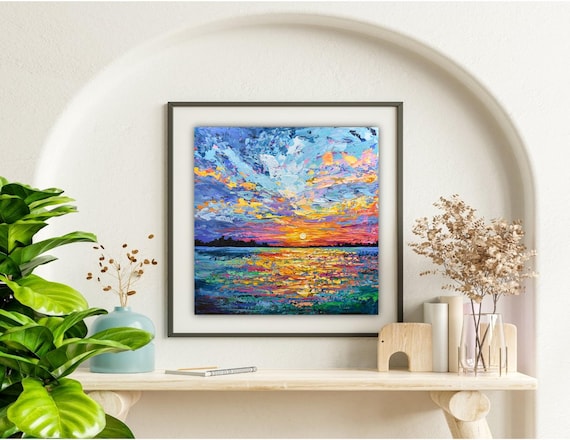 Sunset PRINT On Paper of Palette Knife Ocean Painting, Colorful Sky Seascape Art