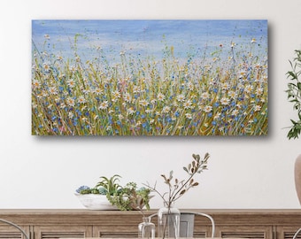 Daisies Field Canvas Print, Large Floral Landscape Wall Art, Wildflower Meadow Giclee