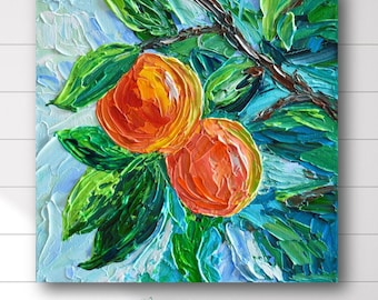 Peaches Wall Art Print, Kitchen Fruit Décor, Botanical Impressionist Painting Giclee