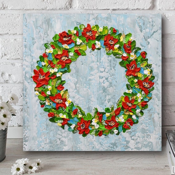 Christmas Wreath Painting, Holiday Décor, Original Textured