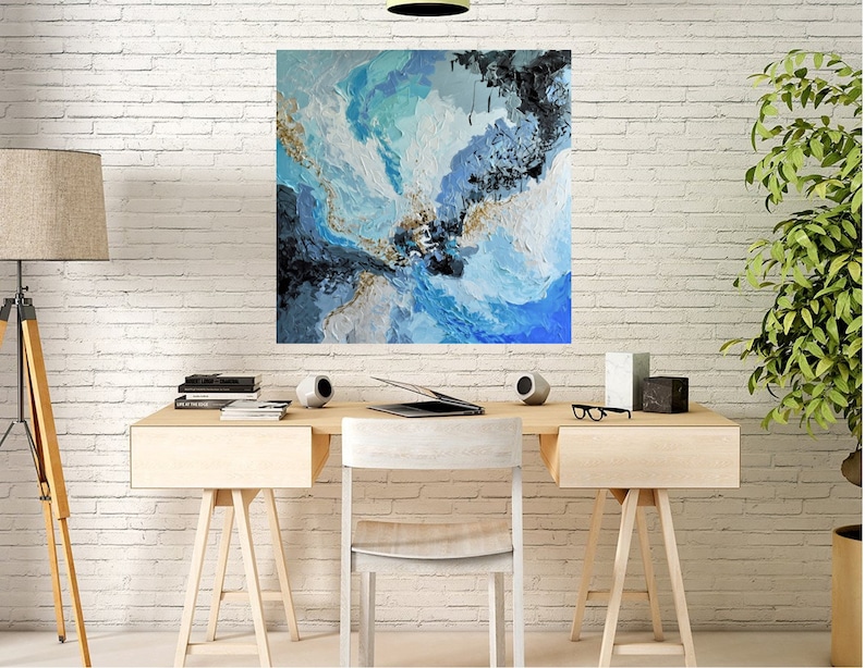 Blue Gold Abstract Painting on Canvas 36 Textured Modern Etsy