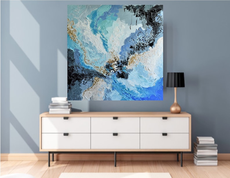 Blue Gold Abstract Painting on Canvas 36 Textured Modern Etsy