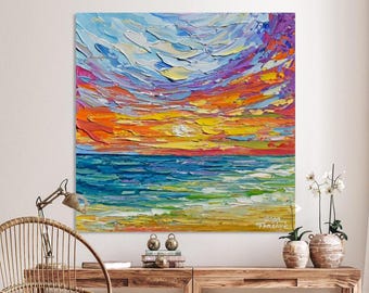 Bright Sunset Painting PRINT, Large Colorful Seascape, Beach Wall Art