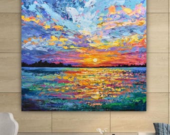 Colorful Sunset PRINT, Bright Sky Seascape Impressionist Palette Knife Painting, Ocean Wall Art