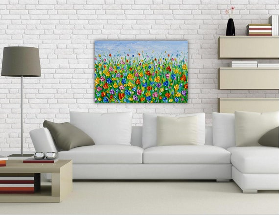 Flower Field Print, Colorful Meadow Wall Art Canvas, Giclee of Floral Palette Knife Painting