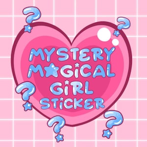 May include: A pink heart-shaped sticker with the words "MYSTERY MAGICAL GIRL STICKER" in blue bubble letters. The design includes question marks and stars in a light blue color, set against a pink grid background.